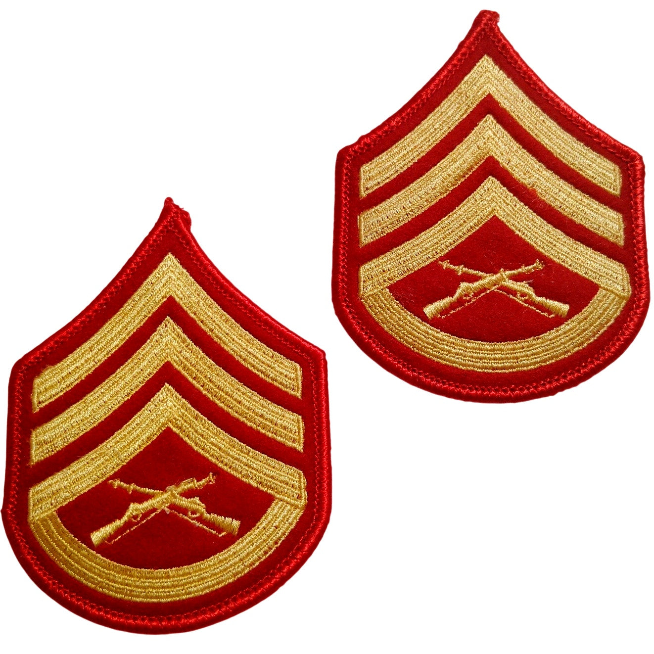 USMC Staff Sergeant E‑6 Chevrons – Gold on Red – Female – 3‑3/4" × 2‑7/8"