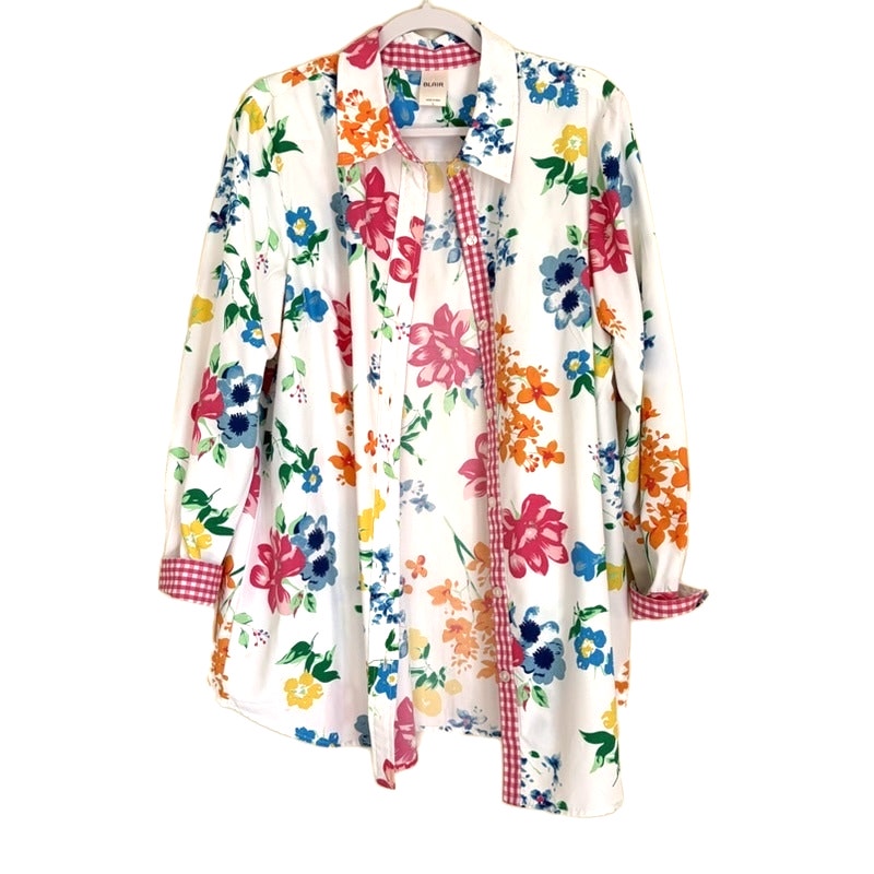 Blair 2-Piece Floral Button-Up Shirt & Tank Top Set Size L Blue White Gingham