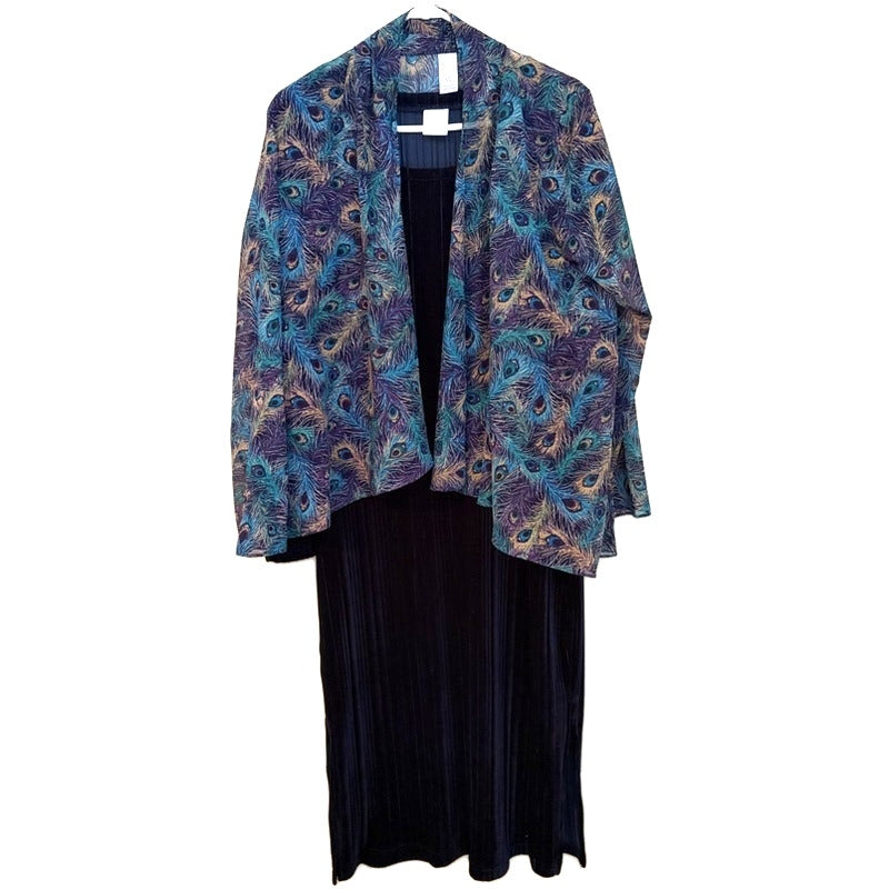 AVON Navy Velvet Dress & Peacock Feather Print Open Front Cover Up Set - L/XL