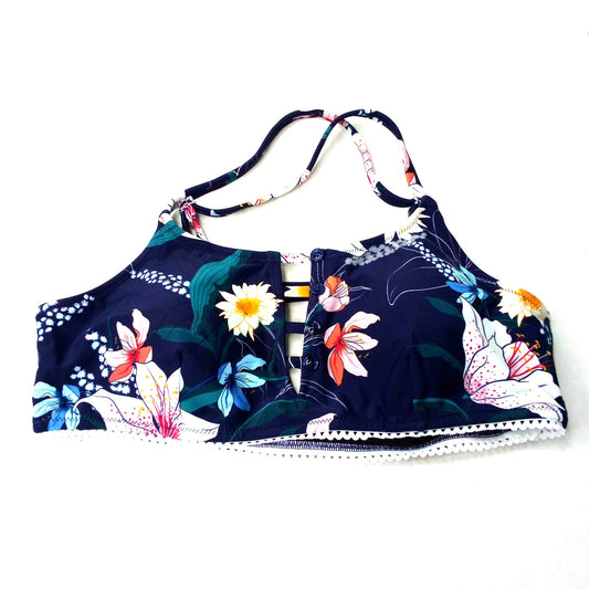 Women's Navy Floral Halter Bikini Top XL Lace Trim Keyhole Mesh Swimwear