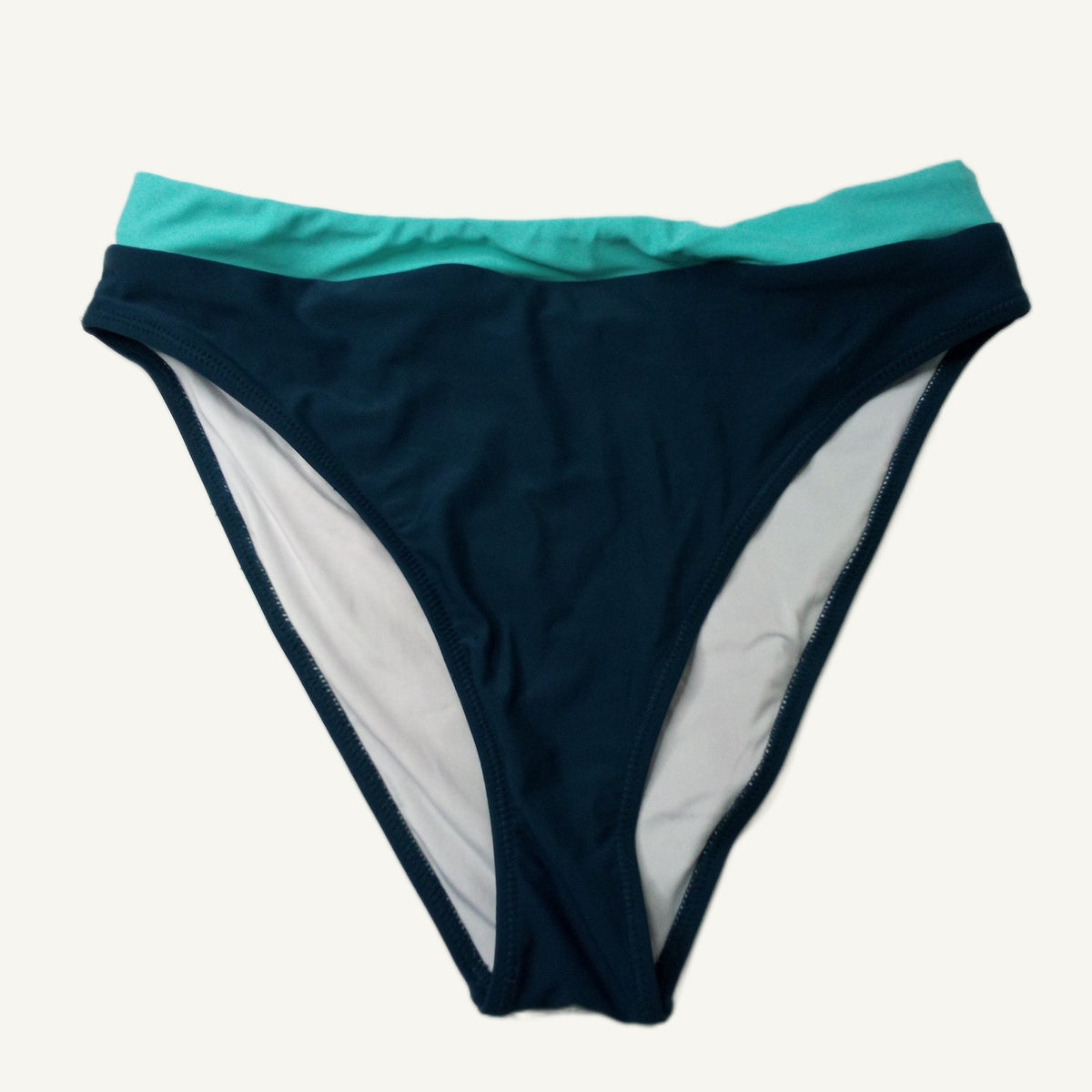 Women's High-Cut Swimsuit Bottoms Navy Blue Teal Size L Nylon Spandex NWT