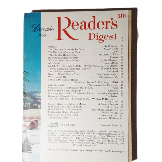 Reader's Digest December 1969 Vintage Magazine - Winter Cover Collectible