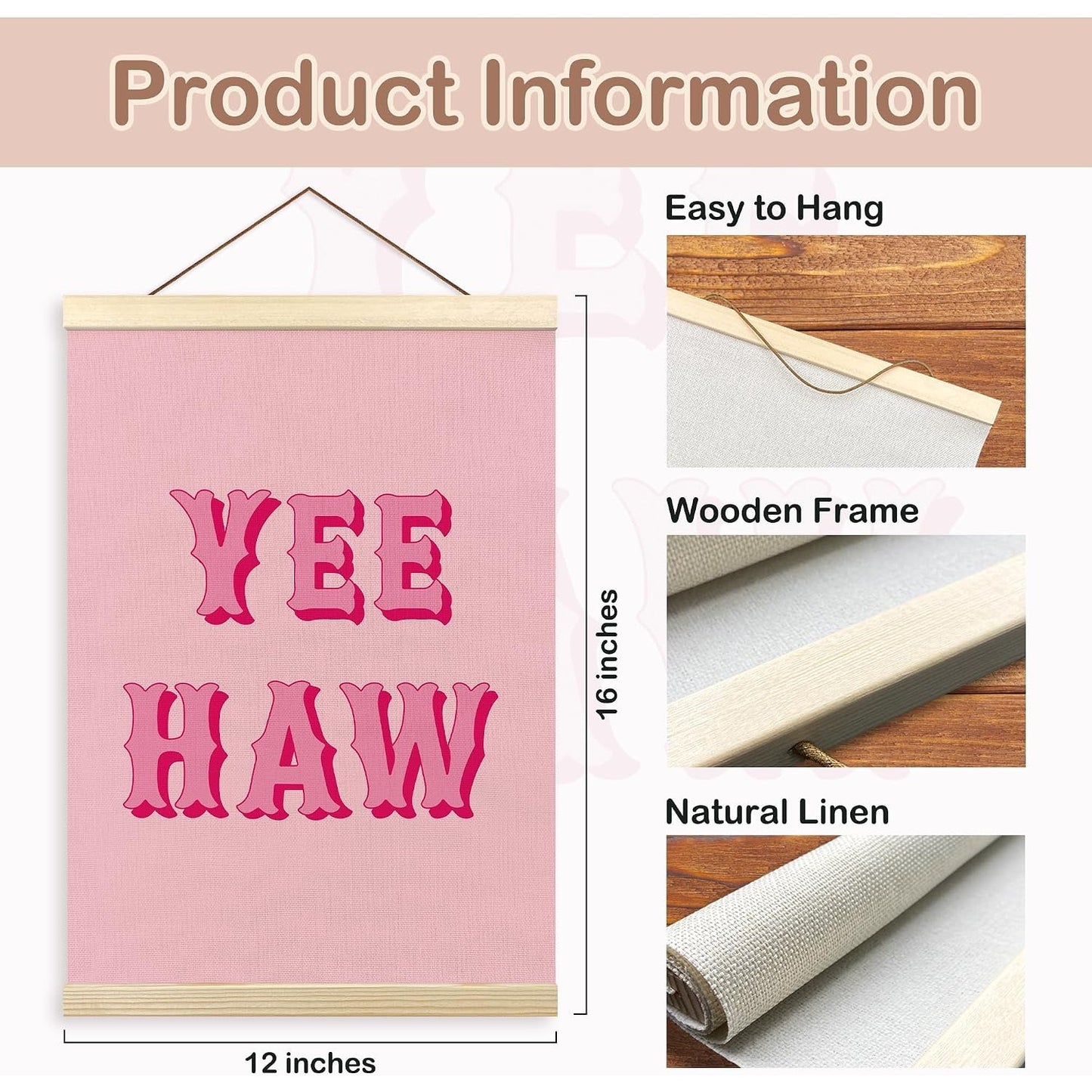 TLESKE  3‑Pack Pink Western Canvas Set 12x16 in Yee Haw Howdy Good Vibes Only