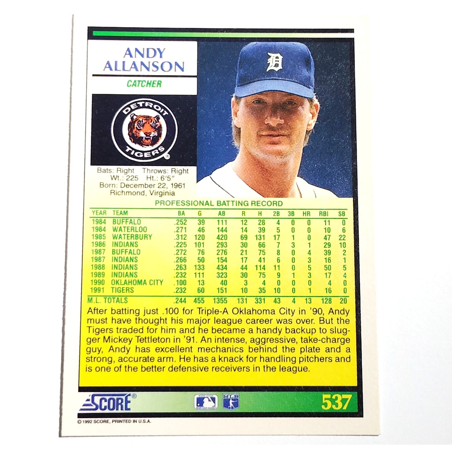 1992 Score Andy Allanson #537 Detroit Tigers Catcher MLB Baseball NM