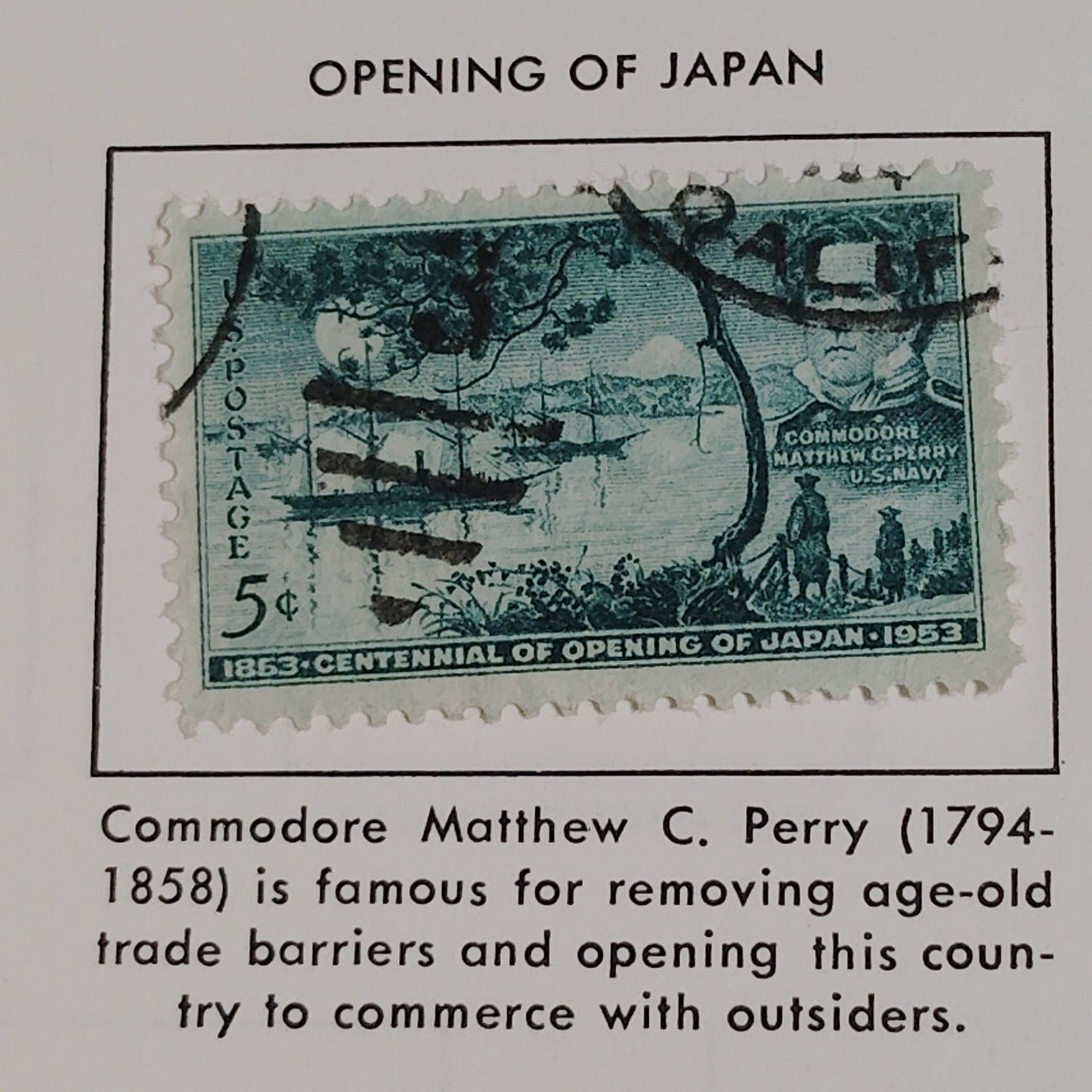 1953 5¢ Opening of Japan Centennial Stamp Scott 1021 Commodore Perry & Tokyo Bay