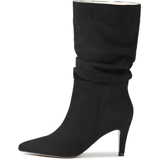 Mid Calf Boots Pleated Suede Stiletto Pointed Toe Slouchy Slip On Ankle Boots
