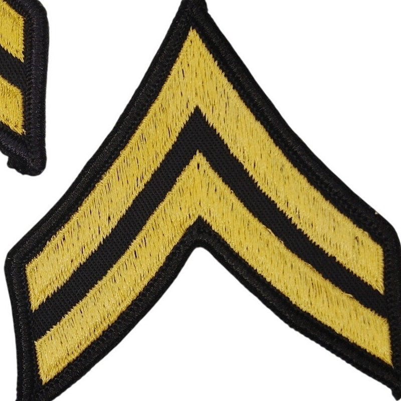 US Army Corporal E‑4 ASU Chevrons Male Size Gold on Black Sew‑On Pair 3.25 × 3"