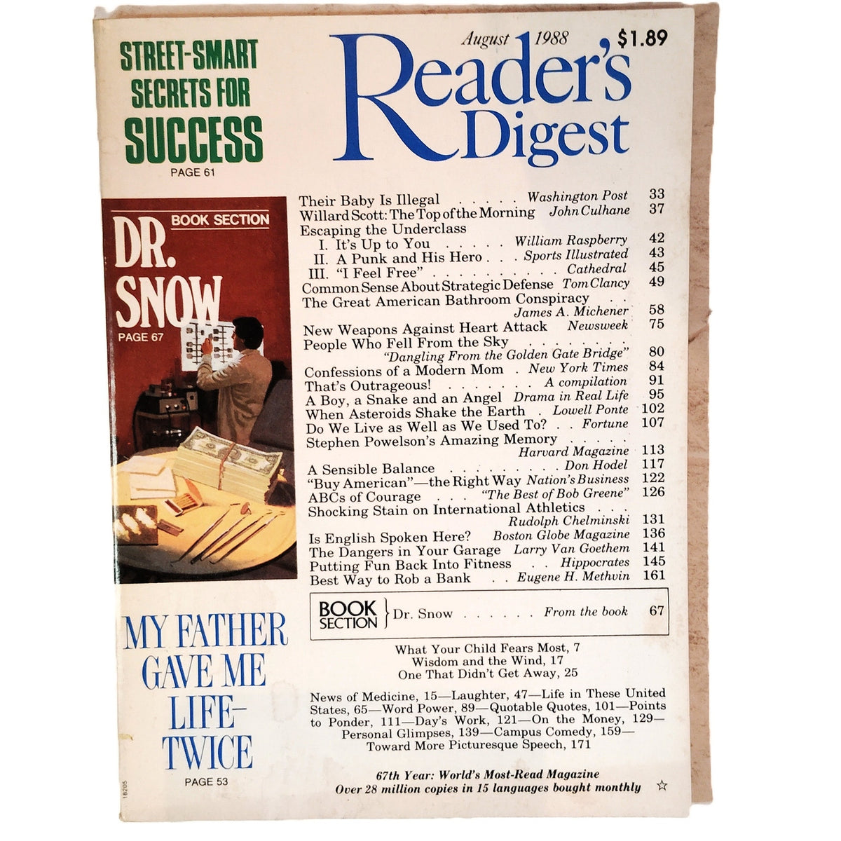 Reader's Digest August 1988 Street-Smart Secrets for Success, Willard Scott