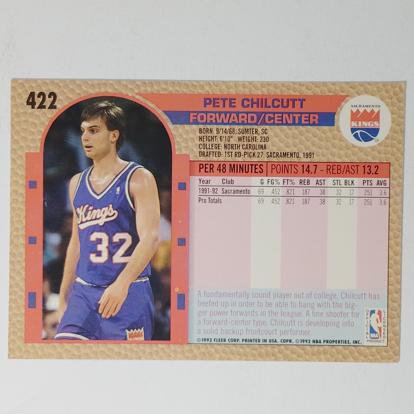 1992–93 Fleer Pete Chilcutt #422 – Sacramento Kings – NBA Card