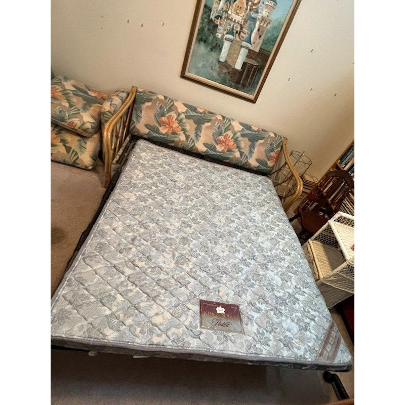 LOCAL PICKUP ONLY- 1980s Tropical Rattan Sleeper Sofa Bentwood Cane Frame Floral