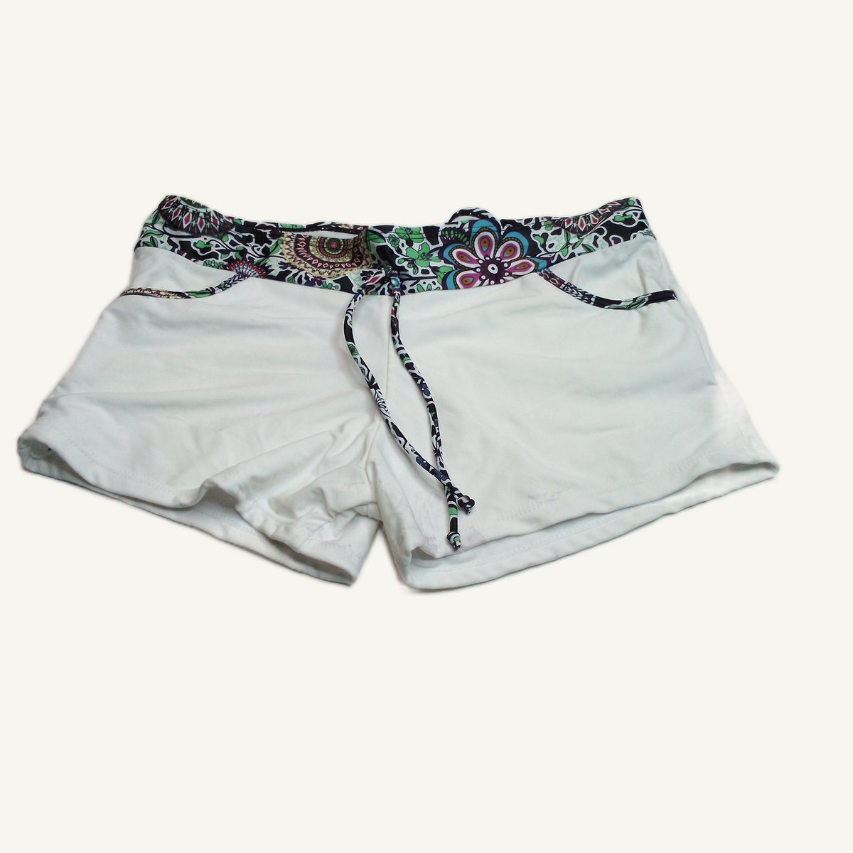 White Paisley Swim Bottoms L - Stretch Fabric with Drawstring Waistband