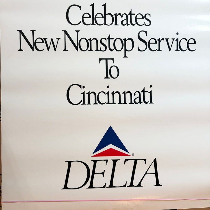 Original 80s Delta Air Lines Cincinnati Nonstop Service Silkscreen Poster 28x22
