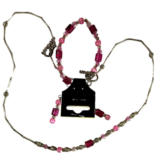 Metal and Acrylic Pink/Purple/Silver/Clear Beads- Necklace, Earring and Bracelet