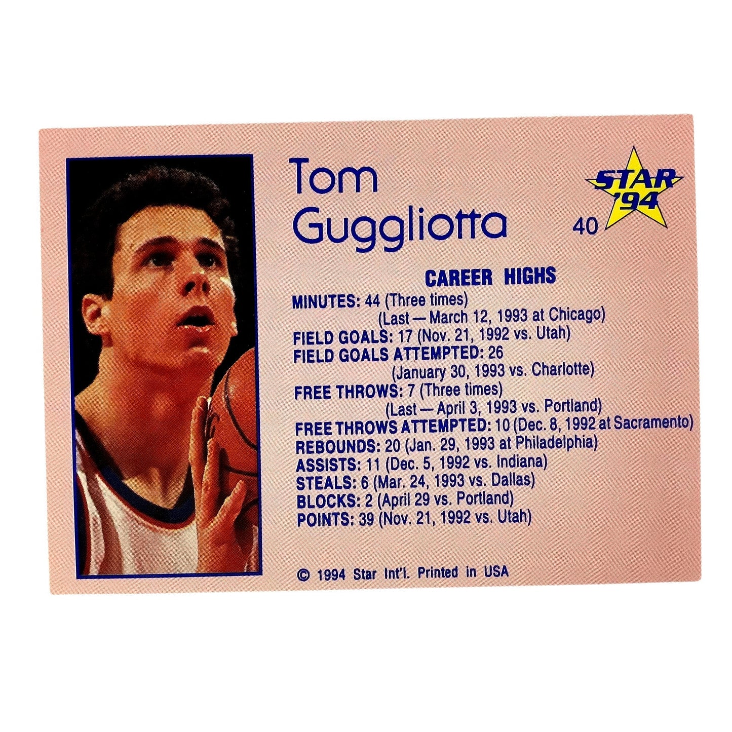 Tom Guggliotta, Washington Bullets, 1994 Star Int'l Career Highs Card 40, EXC