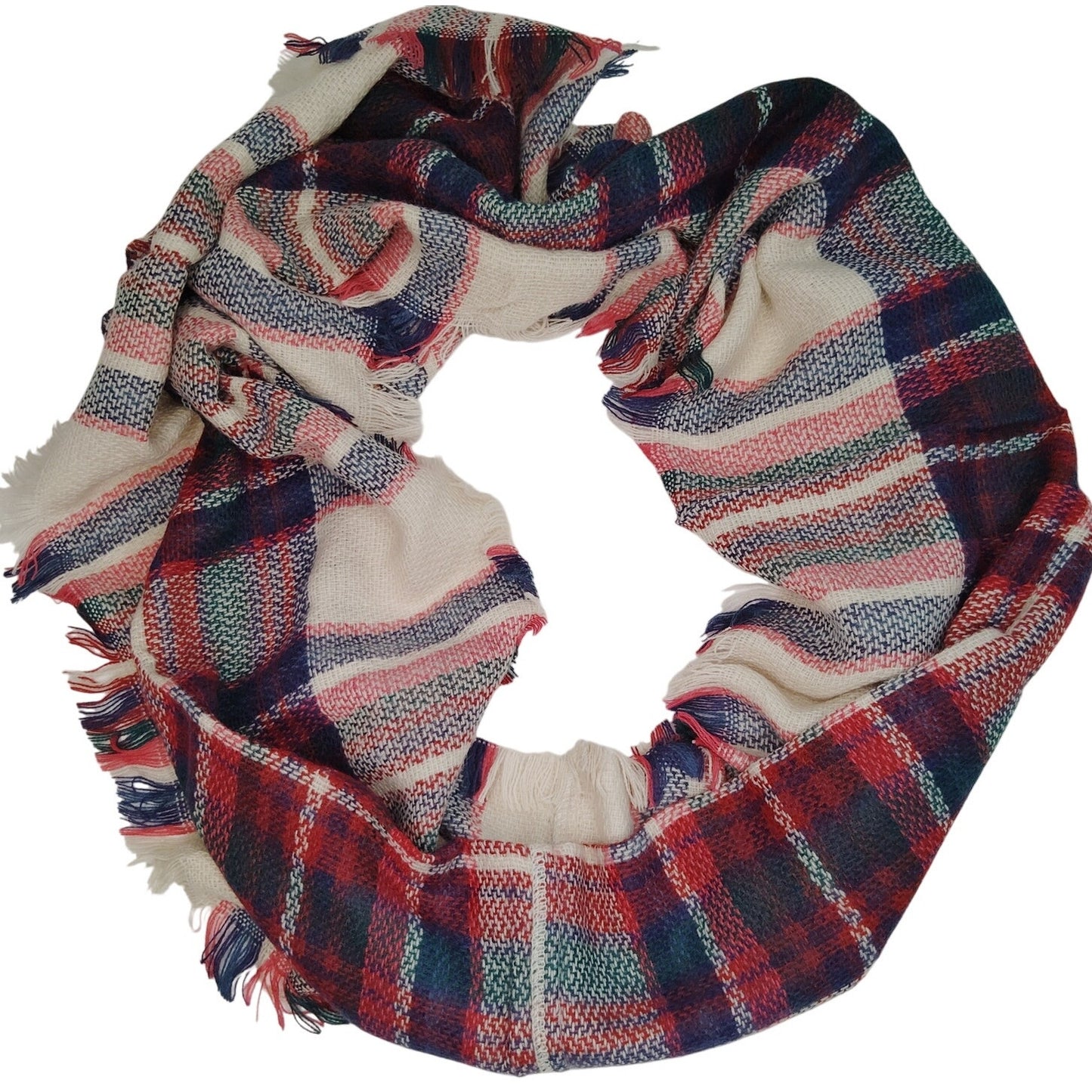 Lucky Leaf Infinity Scarf w/ Tassles Lightweight 100% Acrylic Multicolored Plaid