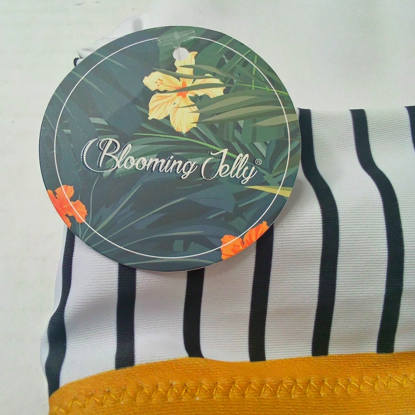 Blooming Jelly Pinstripe Bikini Top Navy White Yellow Trim Swim Top Small (2-4)