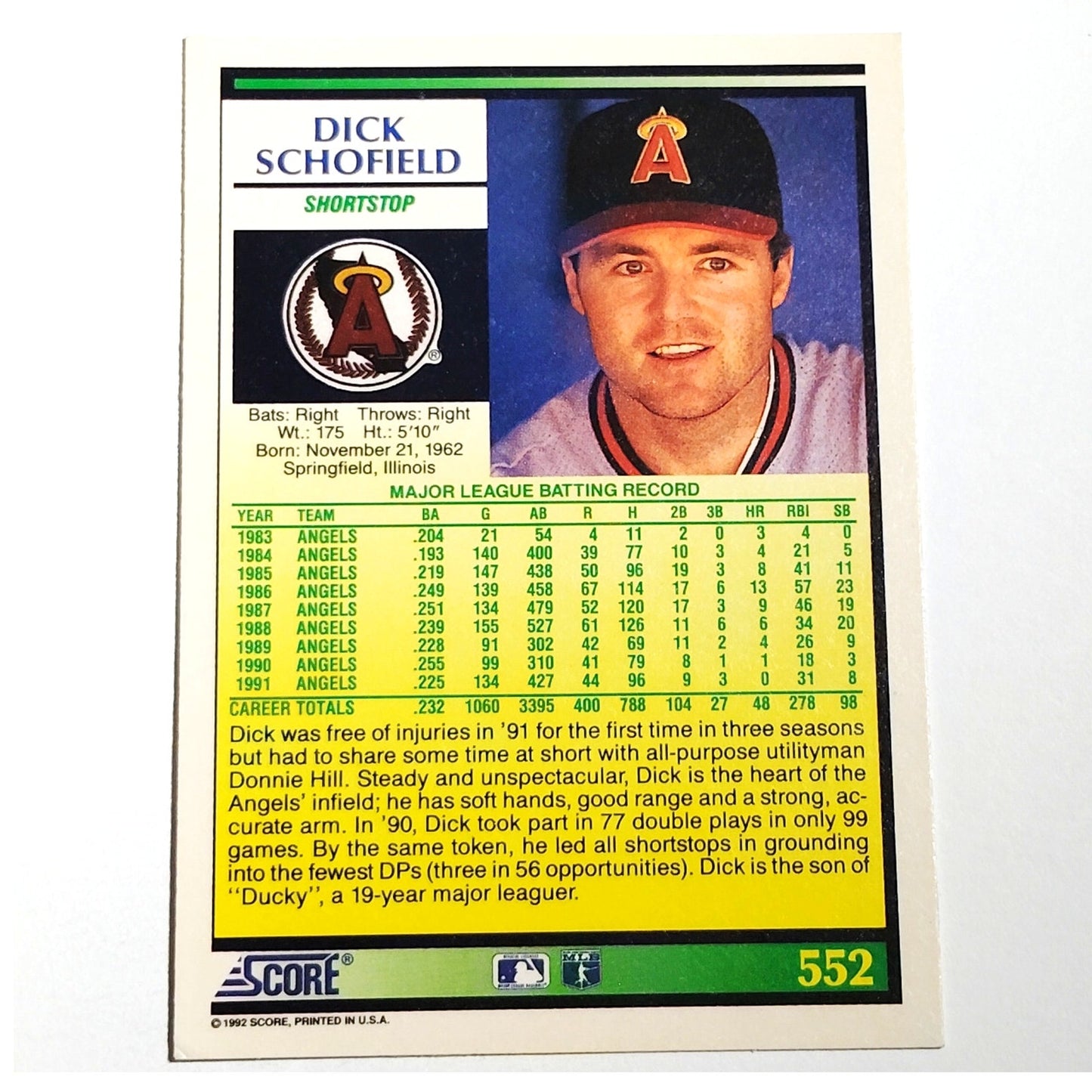 1992 Score Dick Schofield #552 California Angels Shortstop MLB Baseball NM