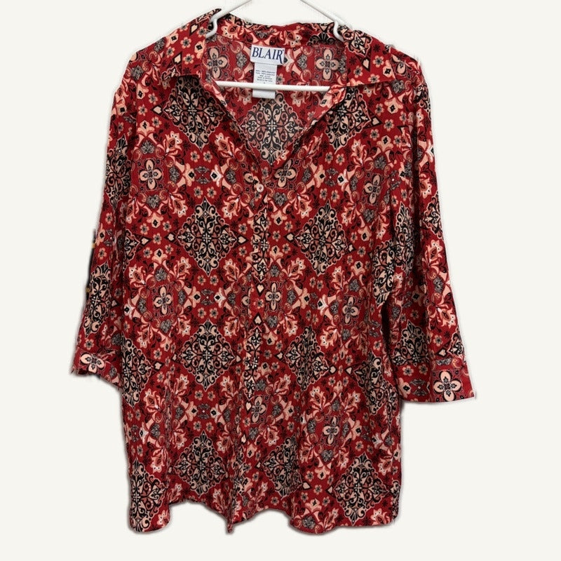 Blair Women's Red Patterned 2-Piece Tank Top & Button-Up Set L Polyester