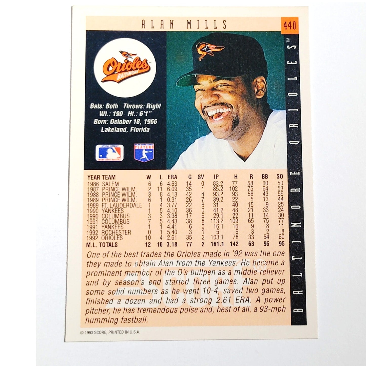 1993 Score Alan Mills #440 Baltimore Orioles Pitcher MLB Baseball Card NM
