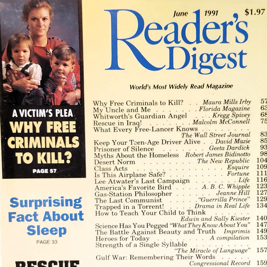 Reader's Digest June 1991 Vintage Magazine - Why Free Criminals to Kill?