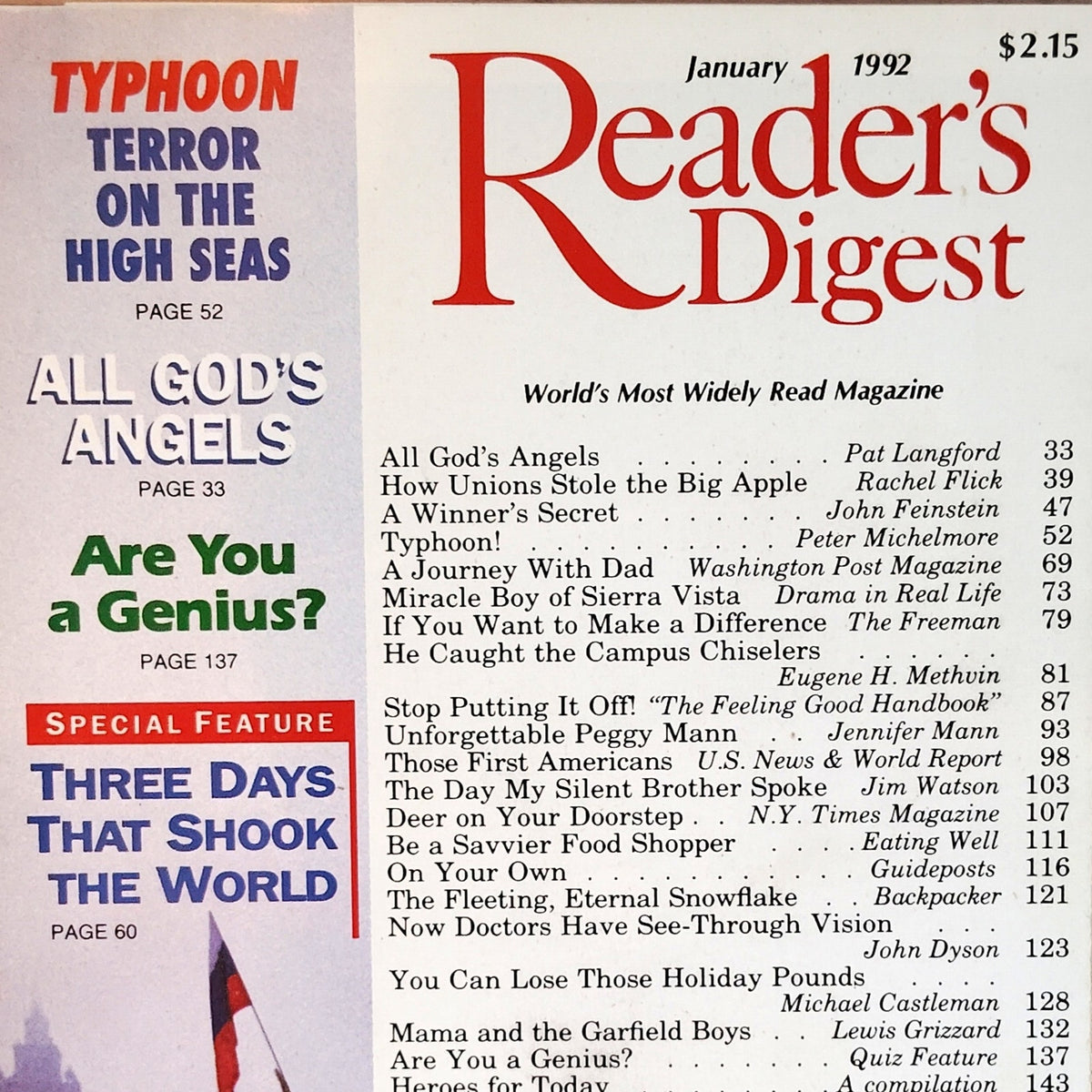 Reader's Digest Magazine January 1992 Vintage - Three Days that Shook The World