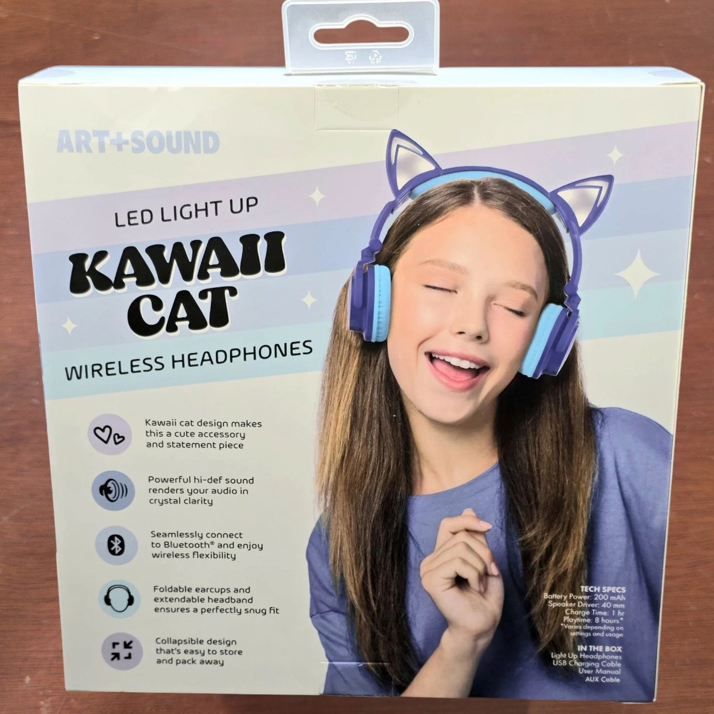 LED Light‑Up Kawaii Cat Bluetooth/Wired Headphones, Kids Over‑Ear Headset, Blue