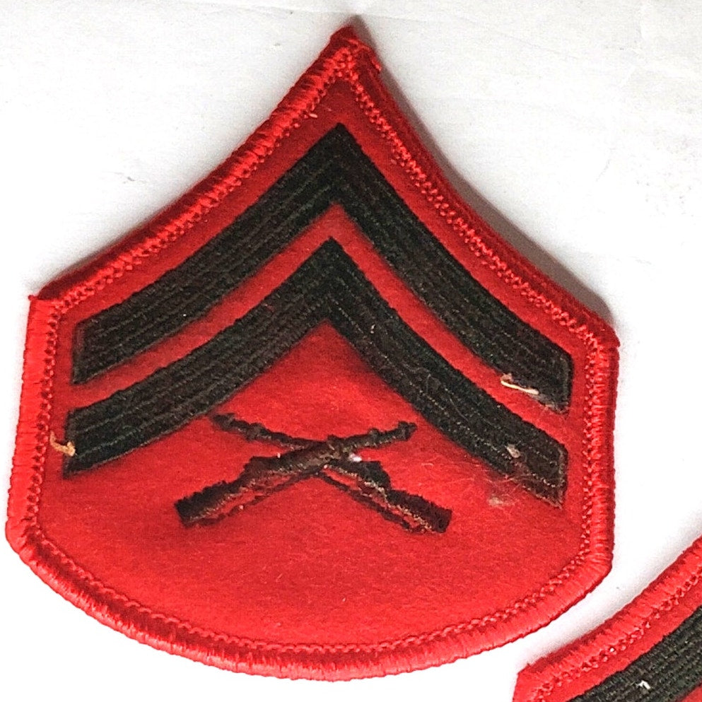 USMC Corporal E‑4 Chevrons Green on Red Female Size 2-7/8" × 3‑1/4" Patch Pair