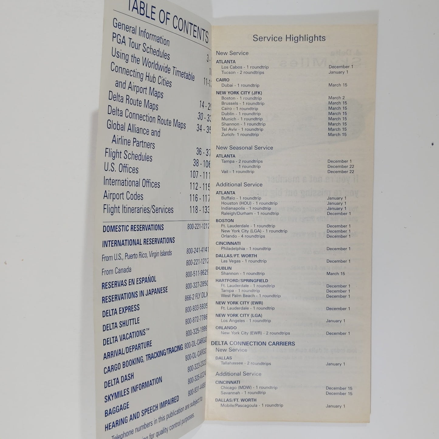 Delta Air Lines Worldwide Timetable, 12/1/2001, The Soaring Spirit II on Cover