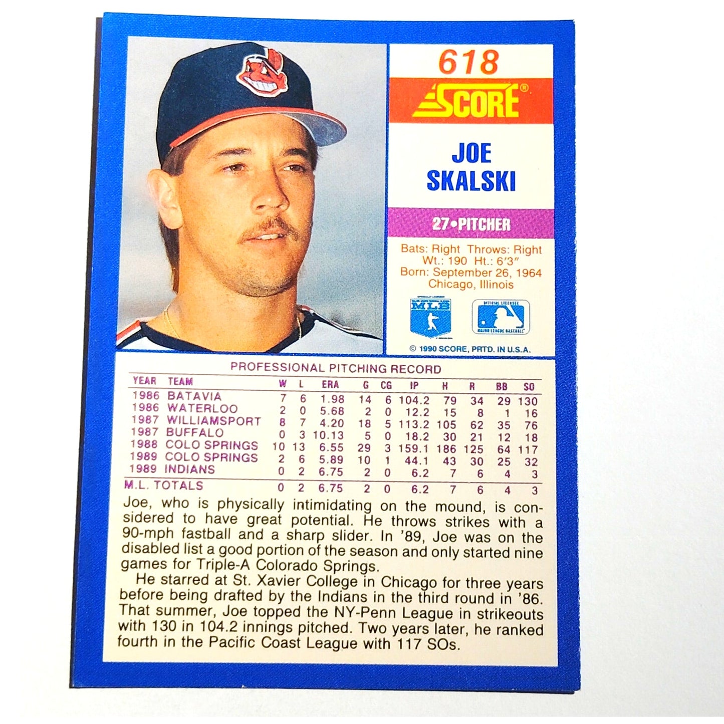 1990 Score Joe Skalski RC #618 Cleveland Indians Pitcher MLB Baseball Rookie EX