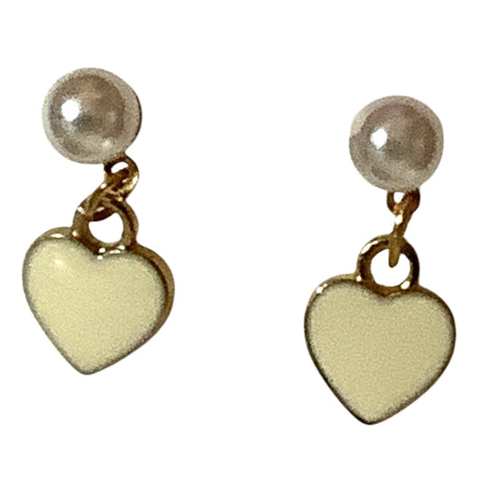 Dangle Heart Earrings with Faux Pearl, Gold Tone Frame and Post, Missing 1 Back.