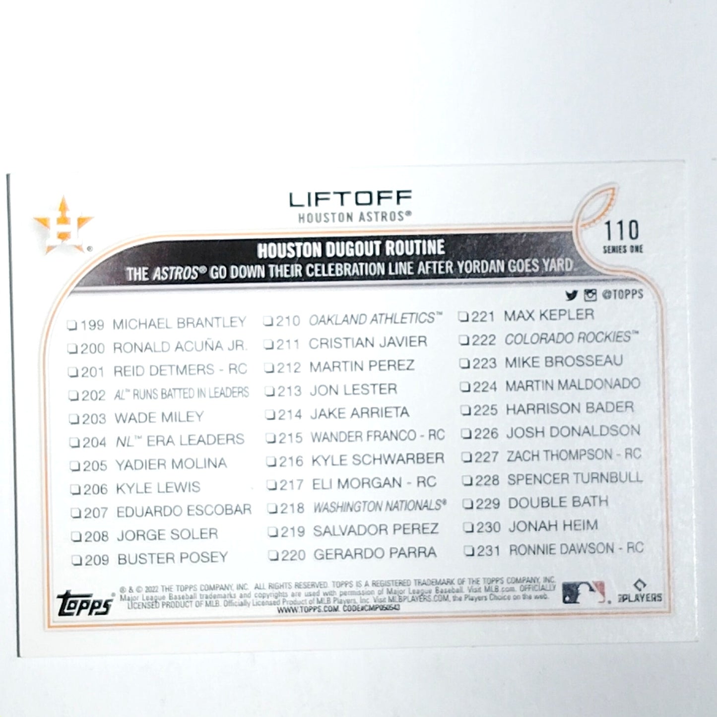 2022 Topps #110 Houston Astros "Liftoff" Dugout Routine Checklist 199-231 -VG/EX