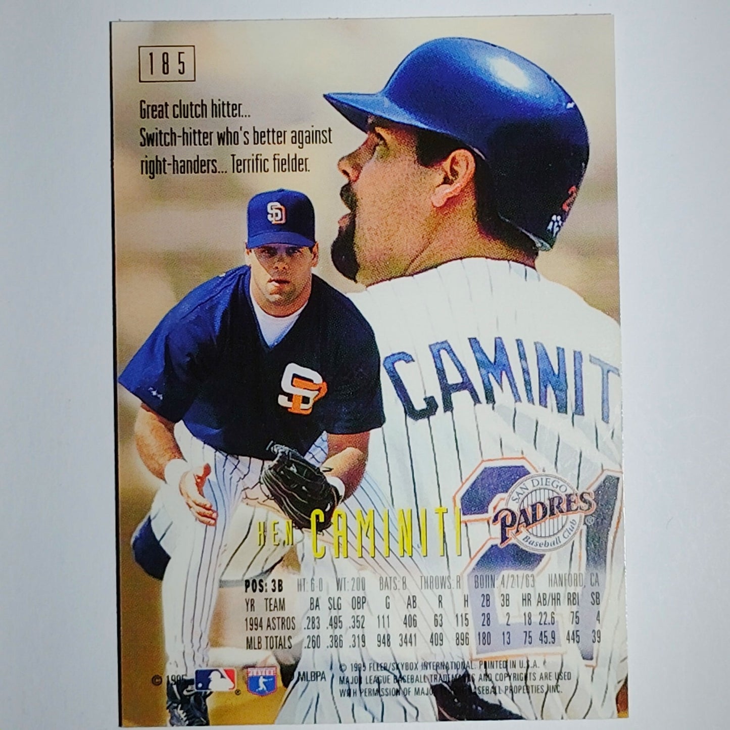 1995 SkyBox E Motion Ken Caminiti Card 185 San Diego Padres VG/EX