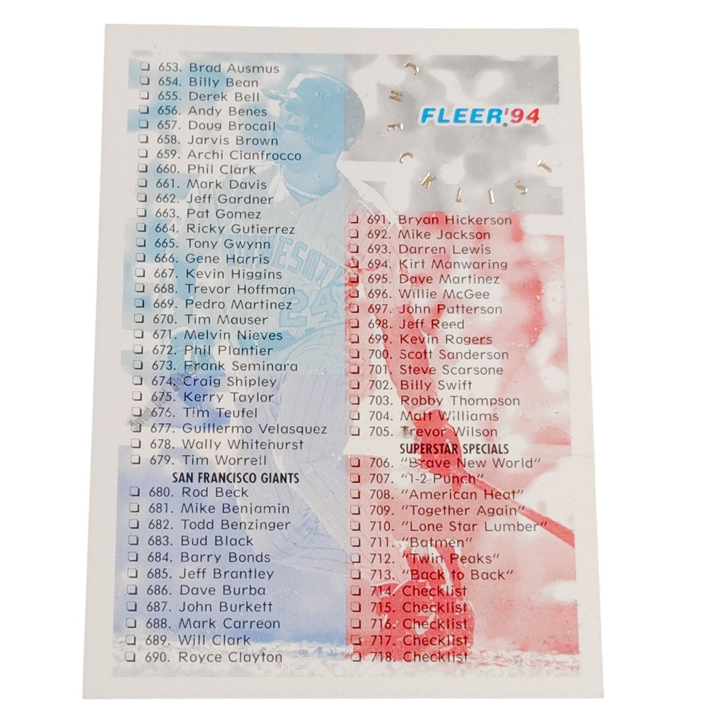 Checklist 653-720 & Subsets Cards, #719, 1994 Fleer Baseball Checklist Card