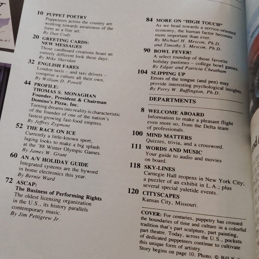 Delta SKY In-Flight Magazine December 1986 - "The Poetry of Puppets" Clown Cover
