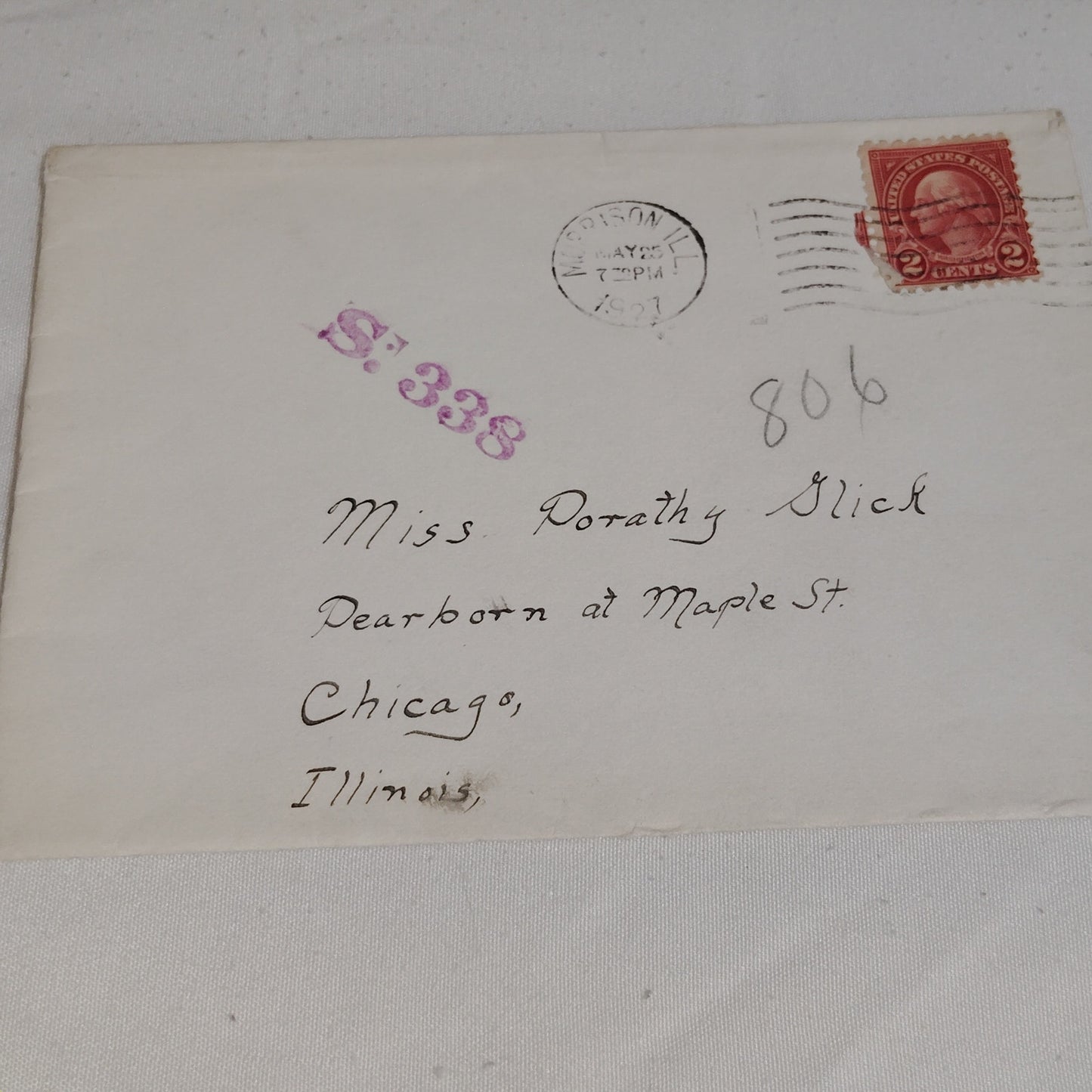 1923 2¢ George Washington Stamp on Cover, Fourth Bureau Issue, May 1927 Canceled