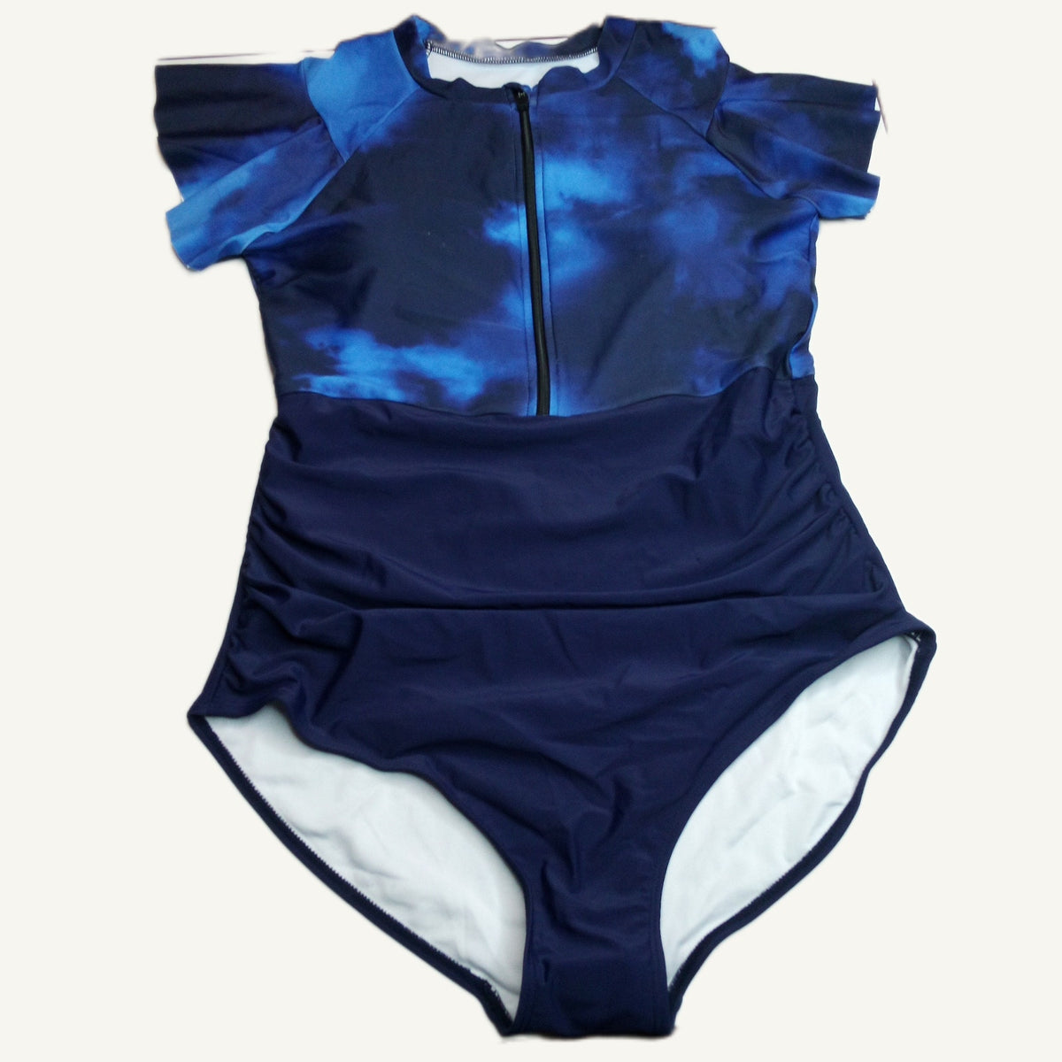 Blue Tie Dye One Piece Swimsuit Short Sleeve Zip Front - Women's L