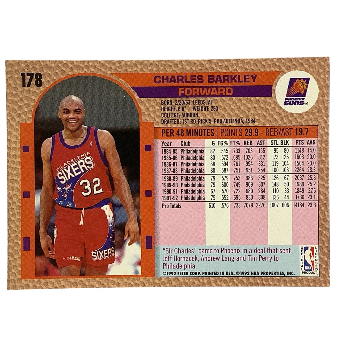 Charles Barkley (F), Card #178, Phoenix Suns, 1992-93 Fleer NBA