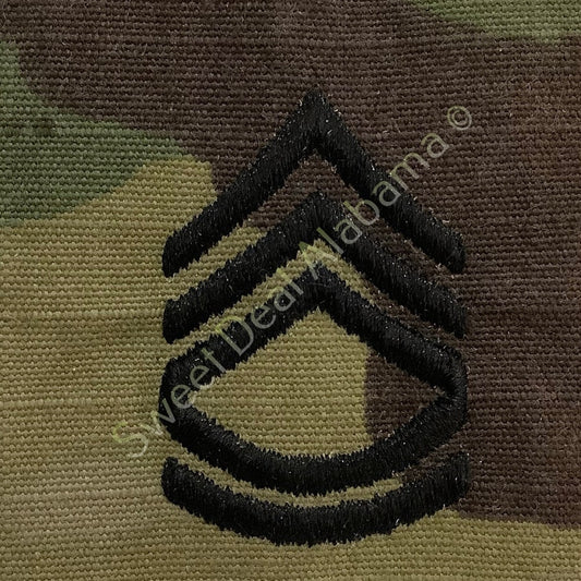 Embroidered Sergeant First Class OCP Slip-On Rank Insignia, Camo, 2"H x 1.75"W