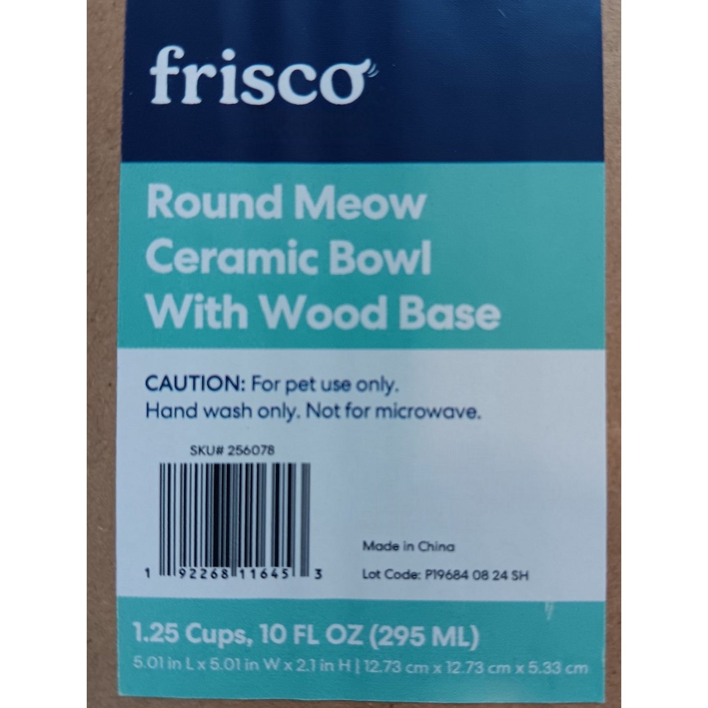 Meow Ceramic Cat Bowl w/ Wood Base – 1.25 Cup (10 oz.), Non-Skid, 5.01"D 2.1"H