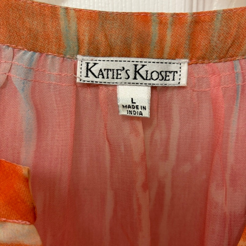 Katie's Kloset Tie Dye Blouse L Orange Teal Pink Sheer Crinkled V-Neck Top