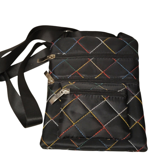 Vintage Black Quilted Crossbody Bag - Colorful Stitching Shoulder Purse 8x6x1.5"