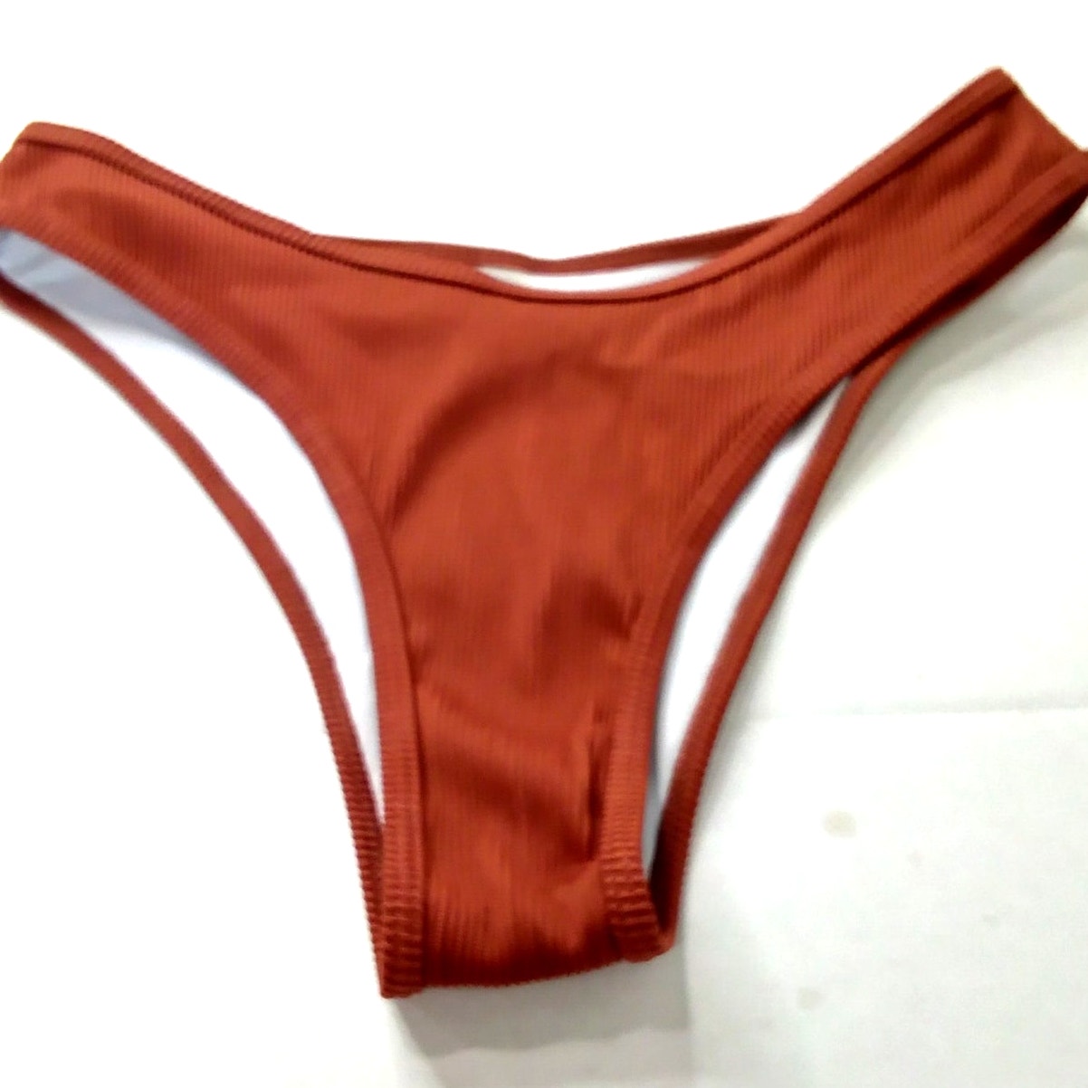 Zaful Burnt Orange Ribbed Bikini Bottoms High Cut Swim Stretch, Med (US 6)