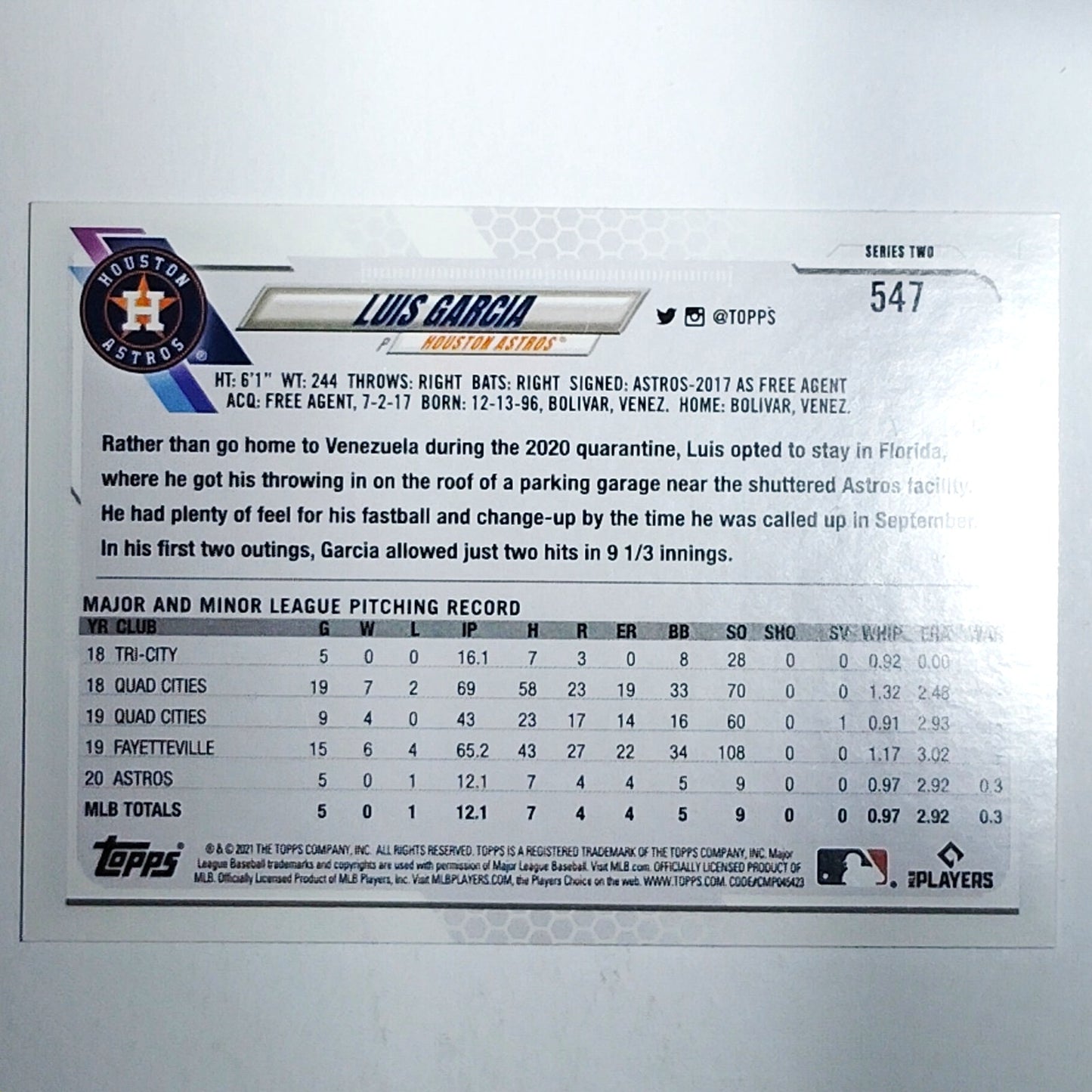 2021 Topps Series 2 Luis Garcia 547 RC Houston Astros Pitcher Rookie VG/EX