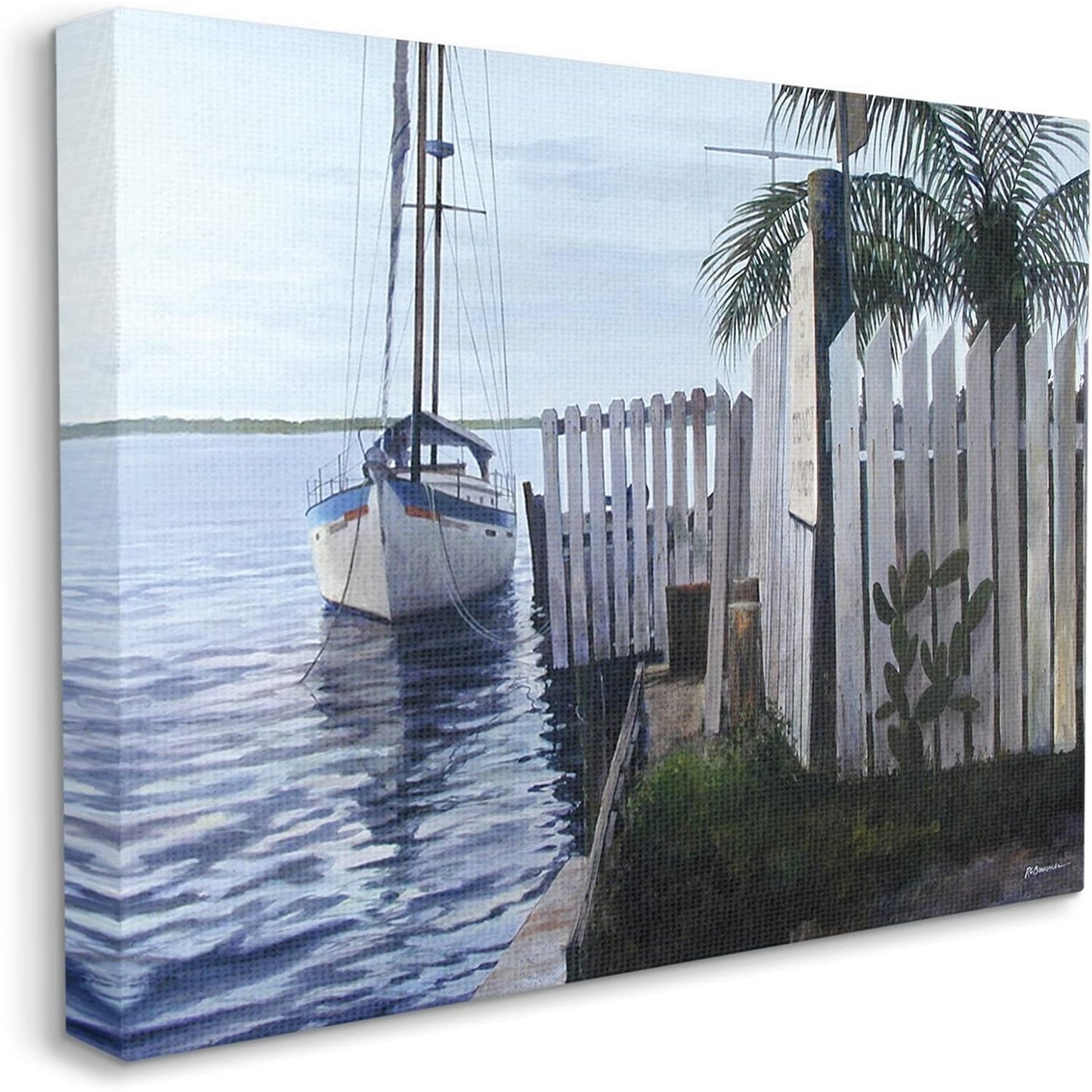 20x16 Sailboat & Shoreline Stretched Canvas, Wood Frame Wall Art Design/L. Wolk