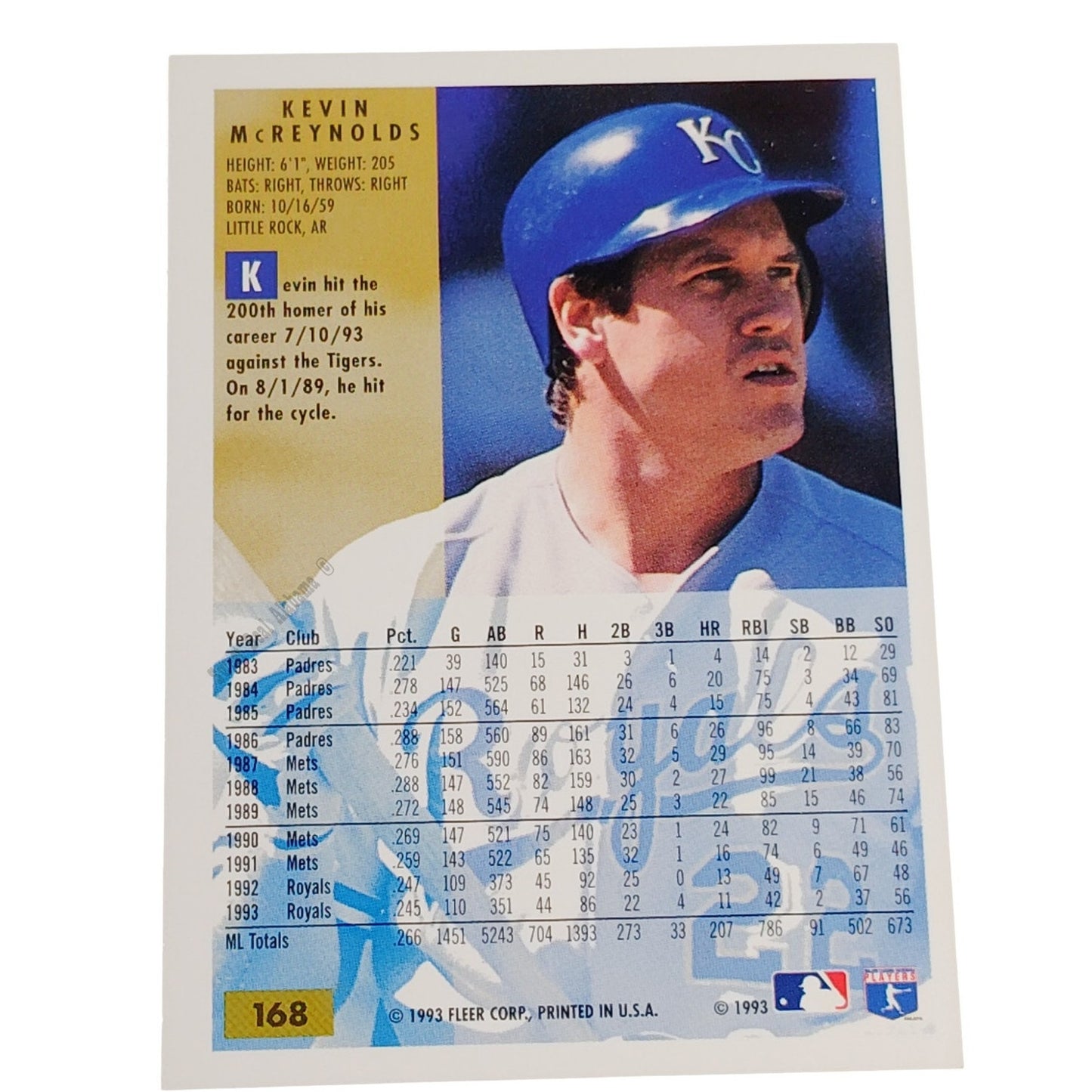 Kevin McReynolds, Kansas City Royals #168,  1994 Fleer Baseball Collector's Card