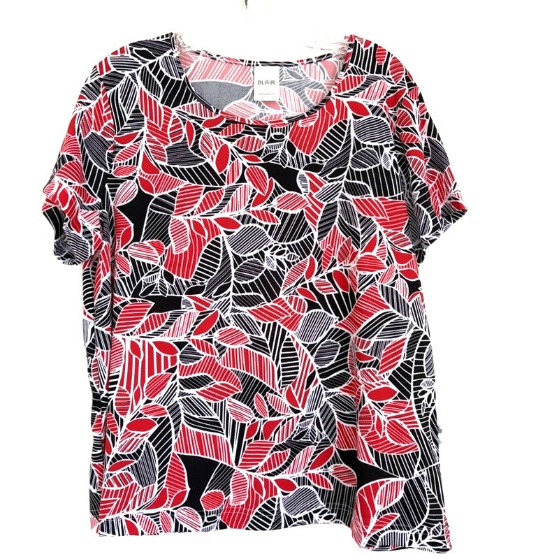 Blair Red Black White Leaf Print Short Sleeve Top Size L Women's Blouse