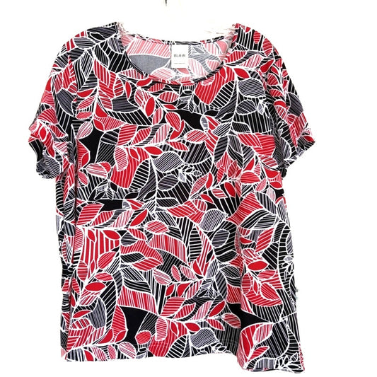 Blair Red Black White Leaf Print Short Sleeve Top Size L Women's Blouse