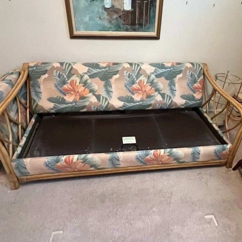 LOCAL PICKUP ONLY- 1980s Tropical Rattan Sleeper Sofa Bentwood Cane Frame Floral