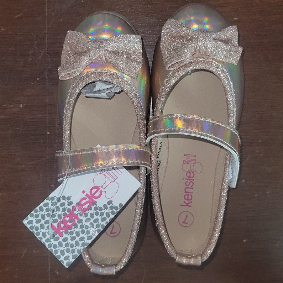 Kensie Girl Toddler Girls’ Ballet Flats – Rose Gold Glitter Bow, Size 7