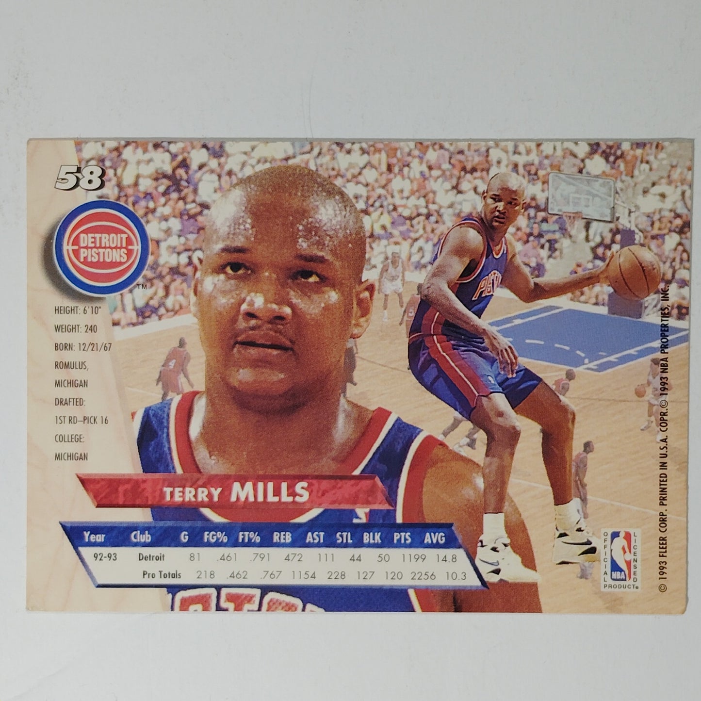 1993–94 Fleer Ultra Terry Mills #58 – Detroit Pistons – F – Misprint Foil Card